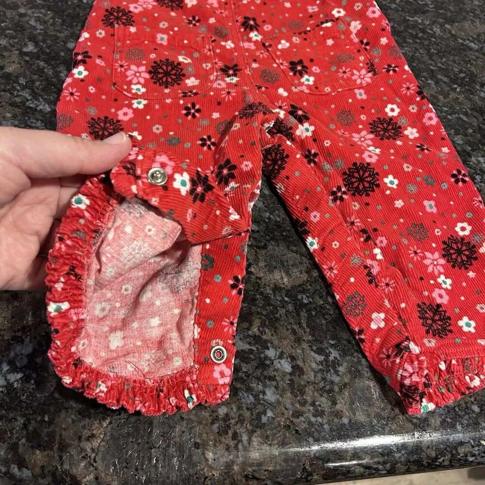 Vintage Oshkosh Floral Snowflake Red Overalls 100% Cotton Infant 9 M Corduroy